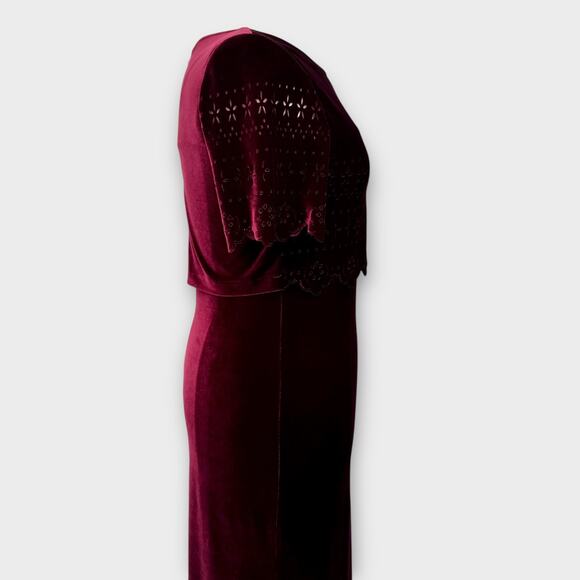 Vintage 90s Burgundy Velvet Column Gown Scallop Eyelet Overlay Maxi Dress Sz 14 - Picture 6 of 13